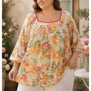 Figueroa & Flower Women Floral Peasant Blouse 3X Flowy Poetic Boho Cottagecore